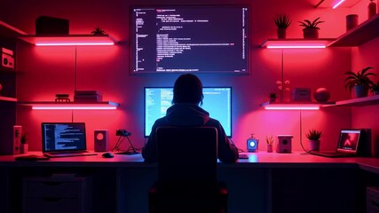A programmer working late at night in a neon-lit room filled with technology and plants