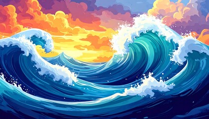 Wall Mural - Vibrant blue ocean waves crash under a bright summer sun, creating a dynamic abstract pattern of light and color against a clear sky