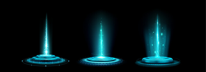 Wall Mural - Futuristic AI portal with blue energy beams and circular platforms for sci-fi concepts. Glowing holographic gates with light rays and particles. Digital teleportation or data transfer visualization