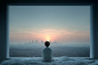 © OCTOLENS - Hopeful young person looking out window at sleeping city during sunrise