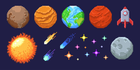 Wall Mural - Colorful pixel planet collection with Earth, Mars, sun and moon with rocket ship for retro space game assets. Shooting comets with sparkly stars on dark background. 8 bit astronomy arcade objects.