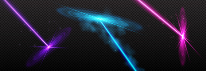 Wall Mural - Neon laser beam effects on transparent background for digital design - purple, pink and blue glowing rays with sparkles. Bright light streaks and energy bursts for futuristic or sci-fi graphics