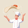 © Kativo - Smiling chef tossing pizza dough, red spots around