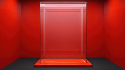 A clear glass display case on a black surface against a red wall.