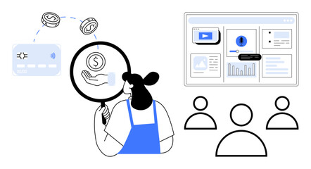 Wall Mural - Woman examining money with magnifying glass, cash flow and dashboard visuals. Ideal for finance, analytics, business planning, user research, data visualization, audience targeting, digital