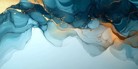 Wall Mural - Elegant Abstract Watercolor Artwork with Fluid Layers of Sapphire Blue and Gold on White Canvas
