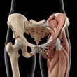© Joker - Detailed anatomical illustration showcasing the hip joint's skeletal and muscular structure.