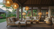 © Zainal Abidin - Modern tropical villa lounge with bamboo pendant lights, rattan accents, and a view of lush greenery.