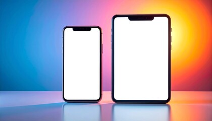 A modern smartphone and digital tablet with blank white screens for mockup purposes, set against a vibrant neon gradient background