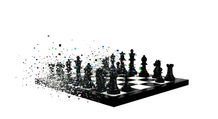 Digital disruption in strategic planning, game board unraveling into particles transformation