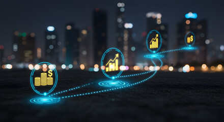 smart city network with digital icons-night traffic in city