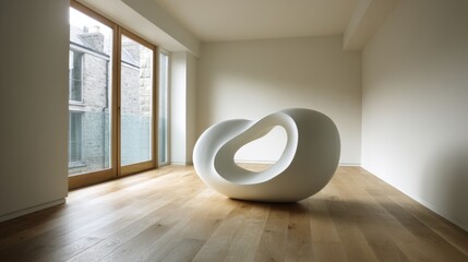 Wall Mural - Modern minimalist sculpture in bright minimalist interior with wooden flooring