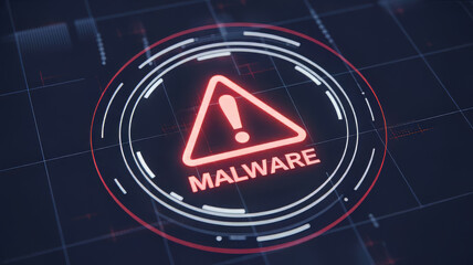 A red warning sign with the word malware in front of a dark blue background with digital elements