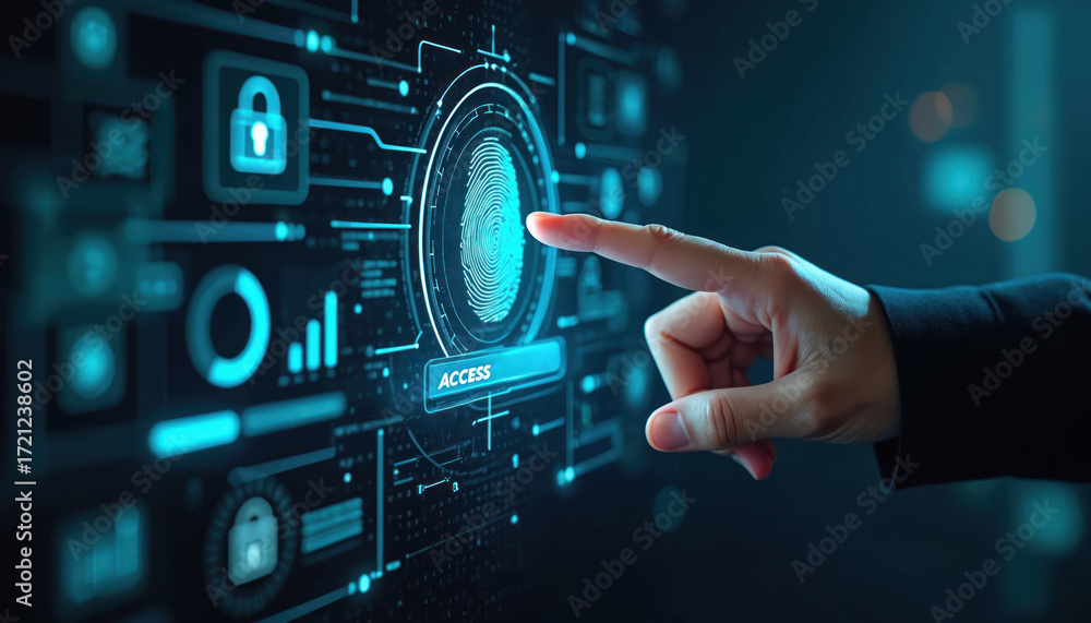 Authentication Visualization Fingerprint authentication with holographic display, data visualization ...