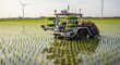 © DigitalSpace - Modern automated transplanter navigating wet paddy fields highlighting innovative farming solutions and increased crop productivity.