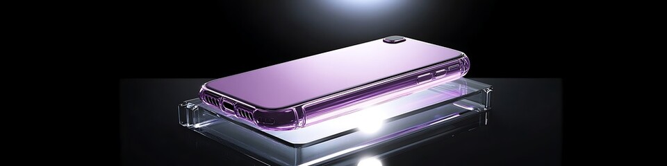 Crystal-clear phone case with violet ambient glow on glass platform under spotlight