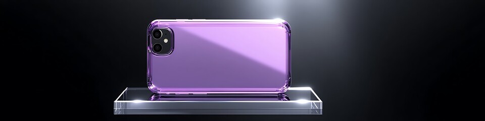 Crystal-clear phone case with violet ambient glow on glass platform under spotlight