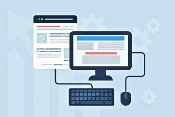 Flat web design and development illustration with computer, mouse, and keyboard on light blue background, ideal for website creation, UI design, digital projects, and tech-themed promotions