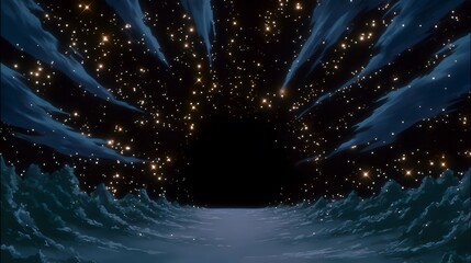 Wall Mural - distant mysterious glowing light emerging in black cosmic void, seen from spaceship window, surreal and hypnotic aura, conceptual anime art