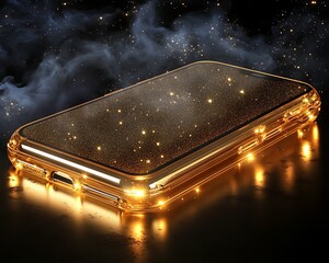 Edge-lit transparent phone cover in gold with glowing soft particle background