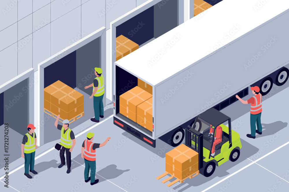 Warehouse logistics scene with workers loading a truck using forklifts ...