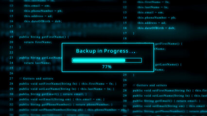 Cyan computer code with backup progress bar at 77 percent Keywords: computer code, programming, coding, software, data, backup, progress, loading, bar, screen, digital, technology, information