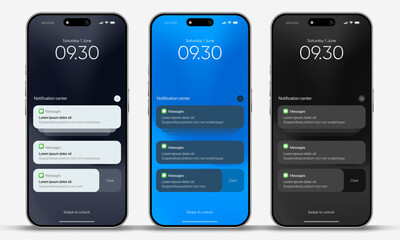 Smartphone notification center template, displaying alerts and new message on screen