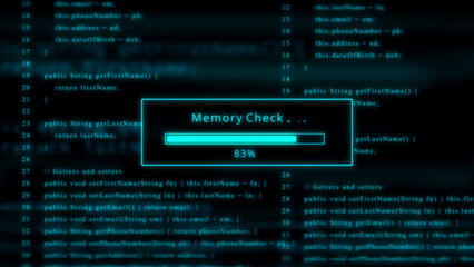Computer code with memory check progress bar and 83 percent loading in cyan programming software