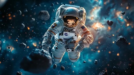 Wall Mural - A solitary astronaut floats amidst a cosmic debris field, showcasing a stunning display of space exploration.