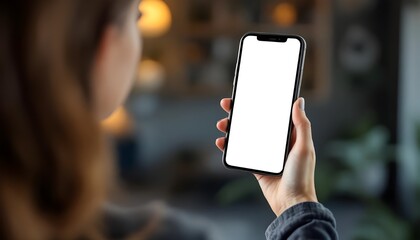 Hand holding smartphone with blank white screen in modern indoor setting ready for app design mockup or digital presentation.