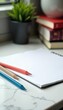 © jarin - Marble desk, pencils, books, copy space Close-up workspace , school supplies, background, still life