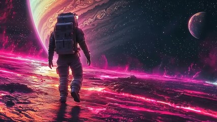 Wall Mural - A solitary astronaut strolls across a vibrant, otherworldly landscape, bathed in fiery pink light, amidst a cosmic expanse.