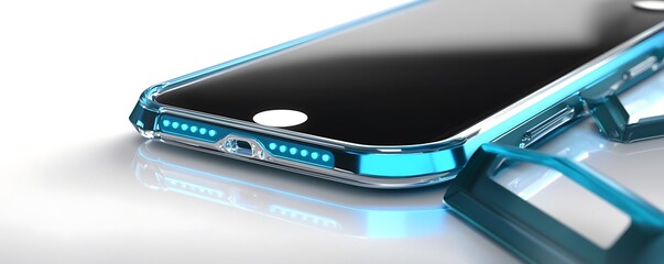 Modern transparent phone case with aqua LED edges on tech glass showroom