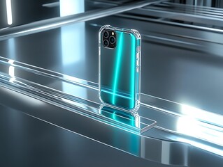Next-gen transparent phone case with cyan pulse glow on futuristic chrome shelf