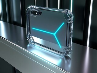 Next-gen transparent phone case with cyan pulse glow on futuristic chrome shelf