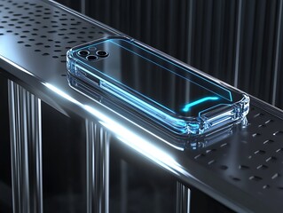 Next-gen transparent phone case with cyan pulse glow on futuristic chrome shelf