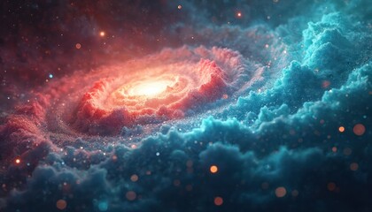 Wall Mural - Vibrant red, white cosmic swirl illustration, abstract galaxy filled with sparkling stars, ethereal beauty. Nebula texture, celestial, dreamy aglow, twinkling pattern, spiral fantasy art, atmospheric