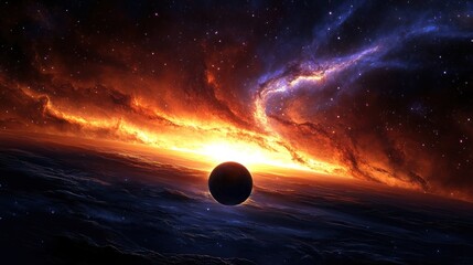 Fiery cosmic scene with dark planet and nebula