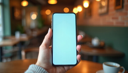 Woman holds smartphone with blank screen in coffee shop. Cozy ambiance with blurred background, warm lights, cup of coffee. Ideal for business, communication, tech concepts. Mockup ready for app