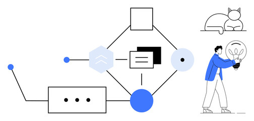 Geometric shapes connected in a flowchart with a person holding a lightbulb and a resting cat. Ideal for innovation, teamwork, process management, decision-making, creativity, planning, simple flat