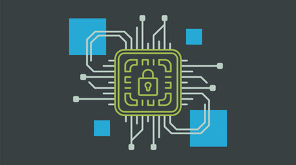 Illustration of a green and white circuit board with a lock icon on a gray background with blue squares