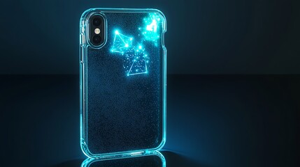 Sleek transparent phone case with electric blue glow and nano dot pattern display background
