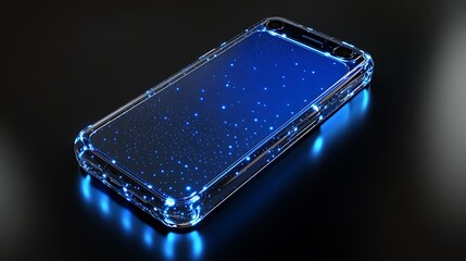 Sleek transparent phone case with electric blue glow and nano dot pattern display background