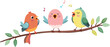 © Rizky - Three colorful birds perched on a branch, singing joyfully in a bright, sunny environment.