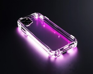 Sleek transparent phone case with violet-pink light accents on high-end studio set