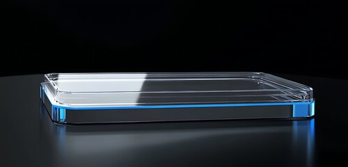 Slim clear case with blue metallic edge reflection on ultra-modern digital podium