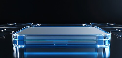 Slim clear case with blue metallic edge reflection on ultra-modern digital podium