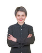© 1STunningART - Cheerful young woman with short hairstyle posing with arms folded, smiling confident. Businesswoman wearing shirt isolated on transparent background
