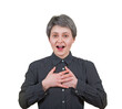 © 1STunningART - Positively surprised woman showing gratitude as she received an unexpected gift. Astonished female keeps hands to chest, mouth wide open being shocked isolated on transparent background