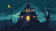 © Rana Islam - Illustration of a spooky haunted house on a hill under a crescent moon in a dark and cloudy night scene